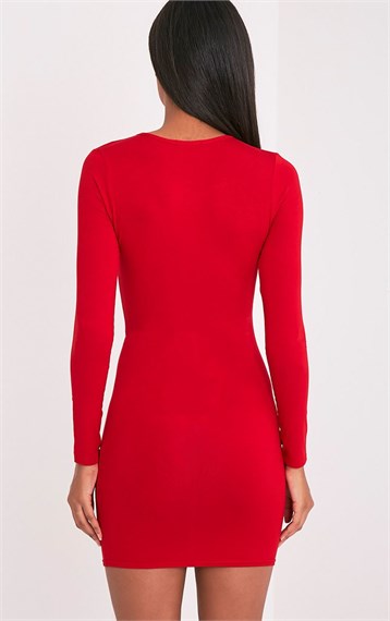 Uzun Kollu Mini Kırmızı Elbise 
